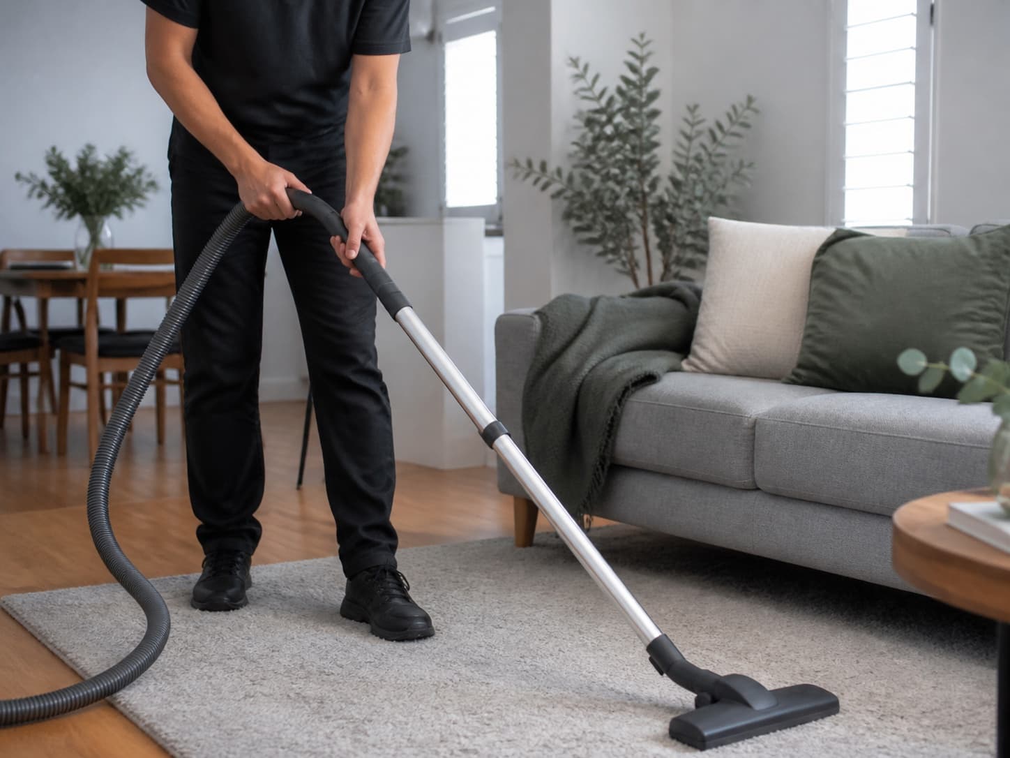 A professional cleaner vacuuming a family living room